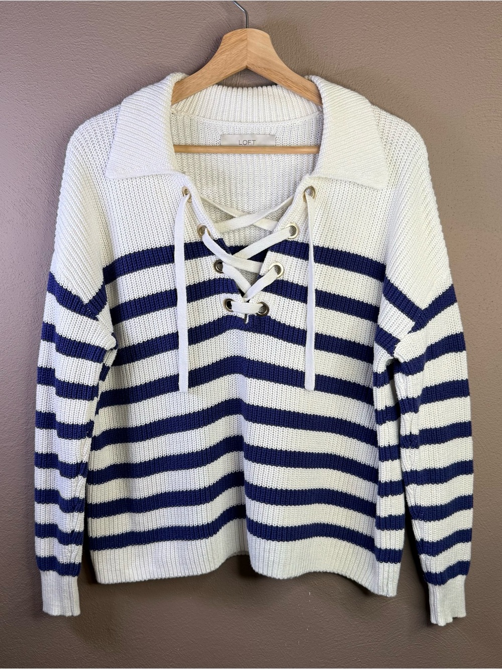 LOFT Women's Nautical Navy & White Stripe Lace Up Sweater Women’s Size Small - Picture 2 of 16